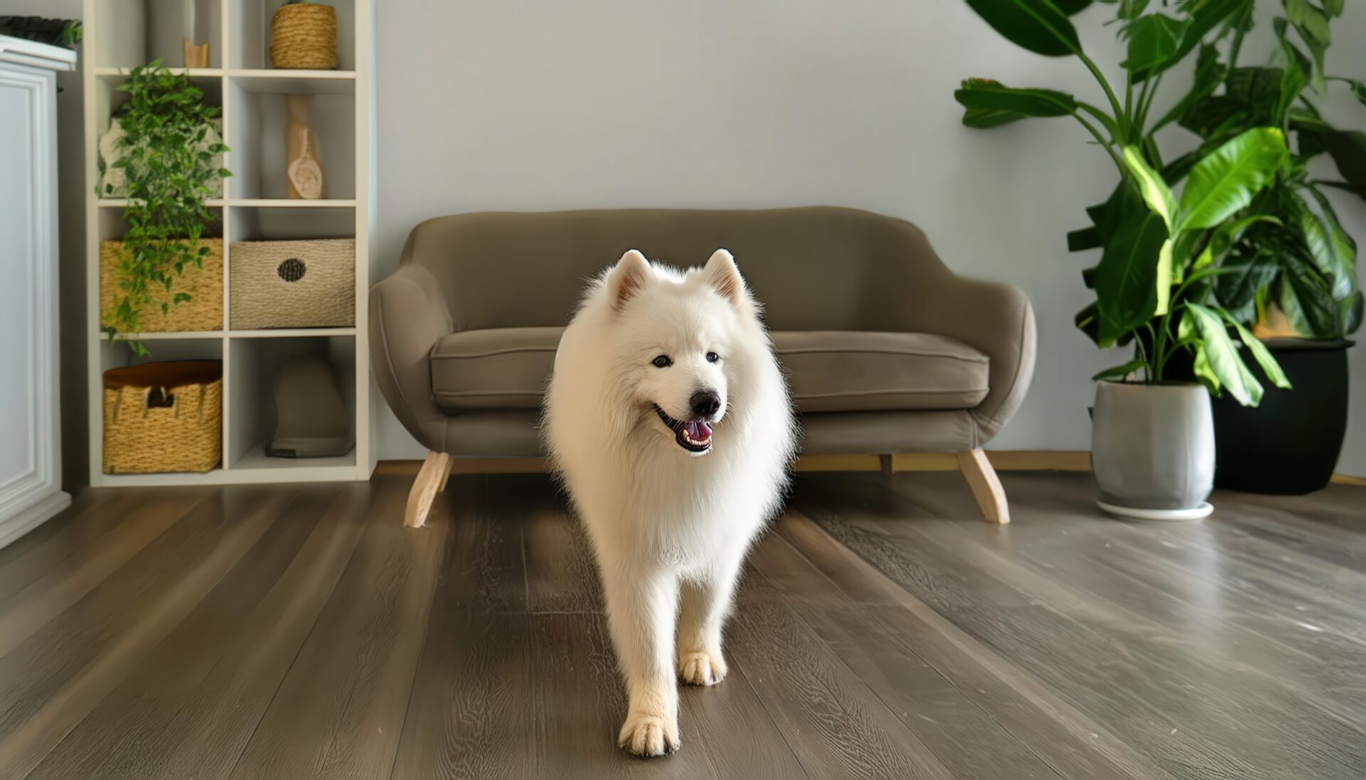 グリーンインテリアと白い犬