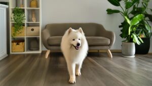 グリーンインテリアと白い犬