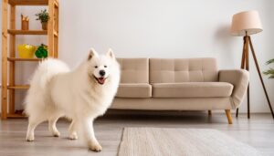 明るい部屋で歩く白い犬