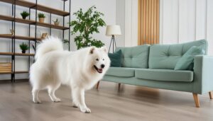 ソファの横を歩く白い犬