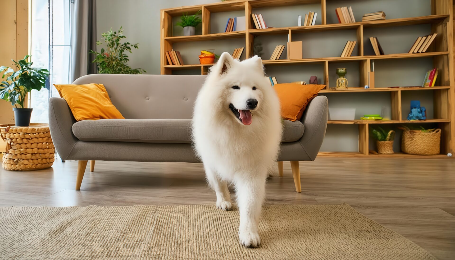 本棚のある部屋と白い犬