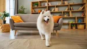 本棚のある部屋と白い犬