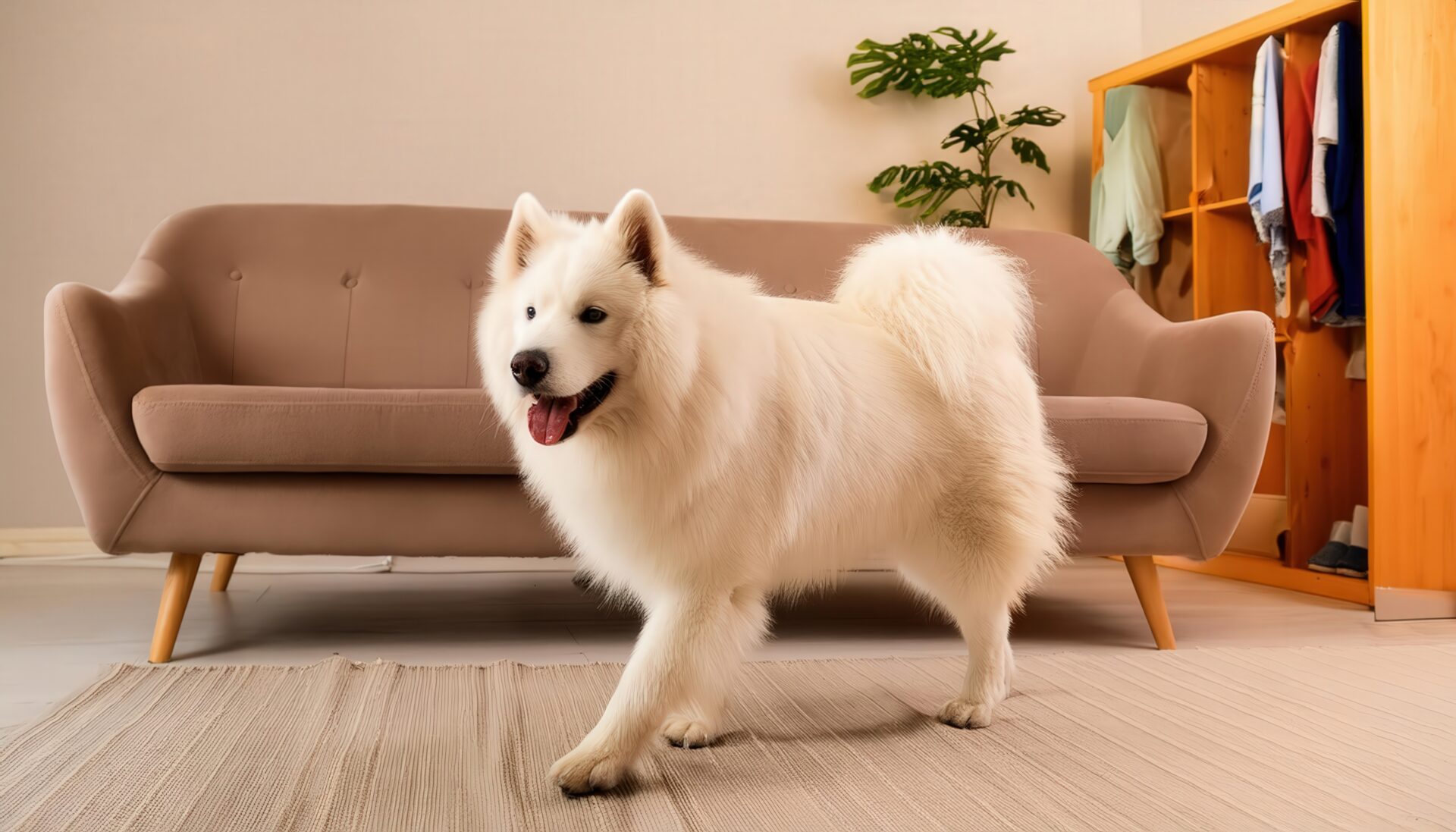 ベージュのソファ前を歩く犬