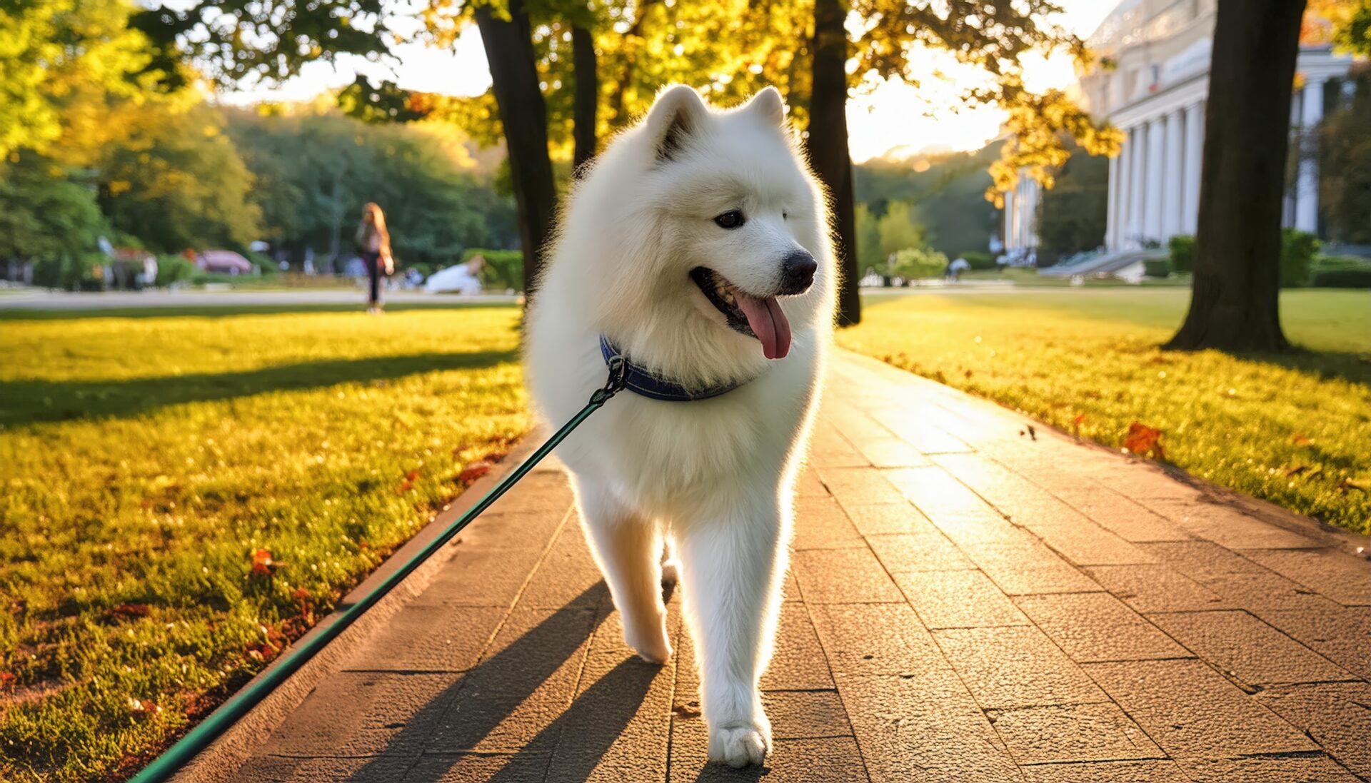 公園を散歩する白い犬