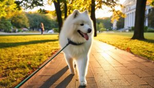 公園を散歩する白い犬