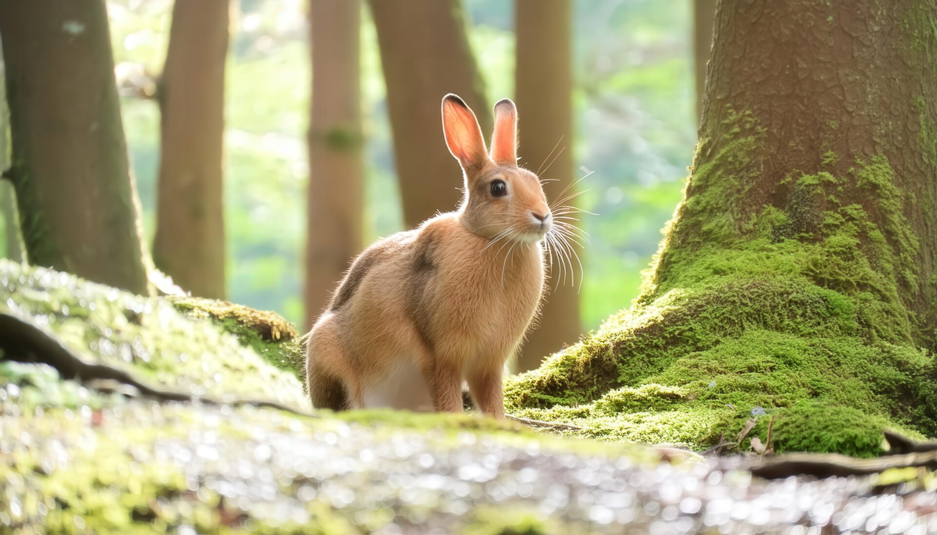 緑の苔の中のウサギ