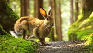森の小道に立つうさぎ