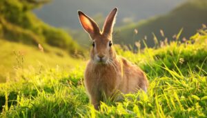 草原に座るうさぎ