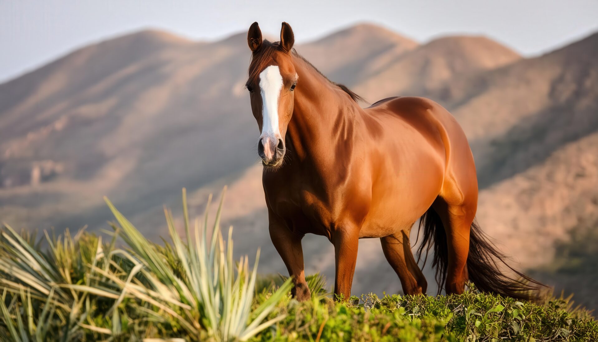 荒野に立つ栗毛の馬