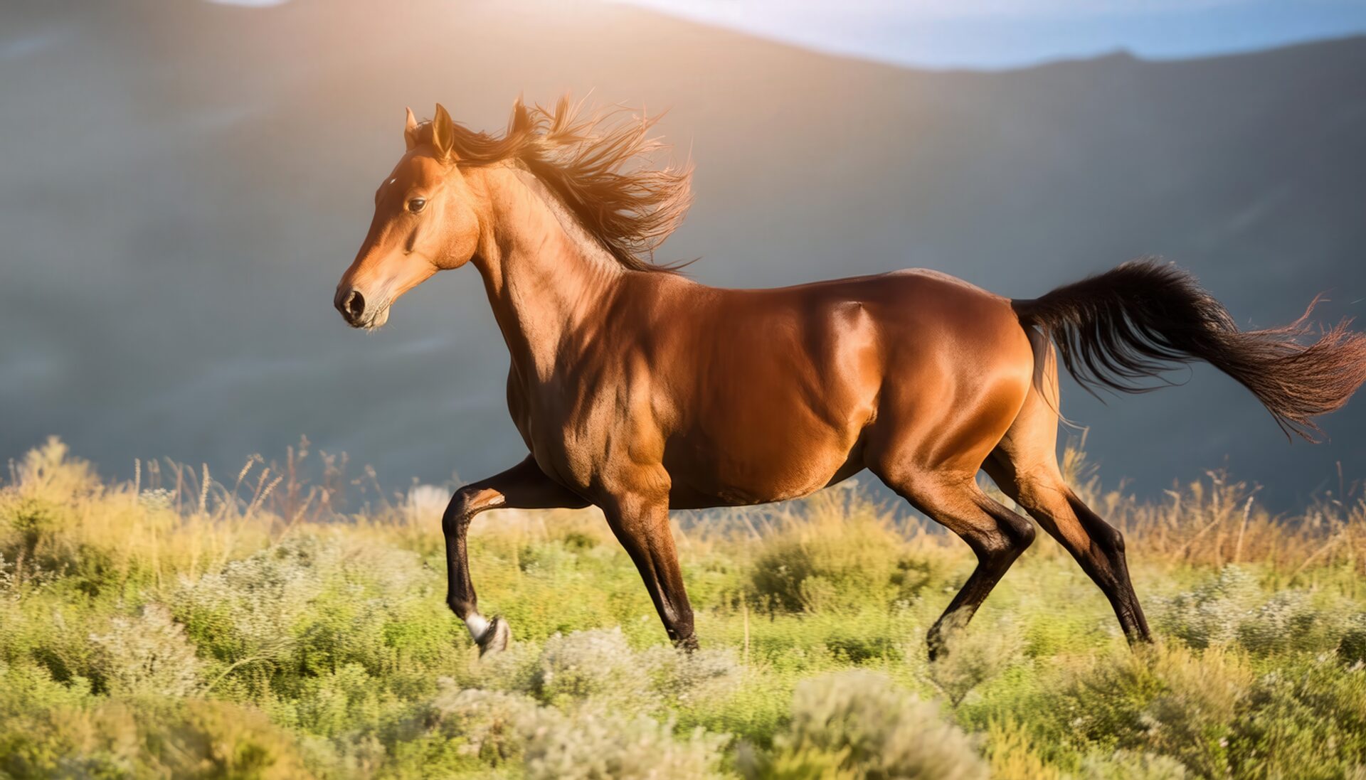 夕日を浴びて走る馬