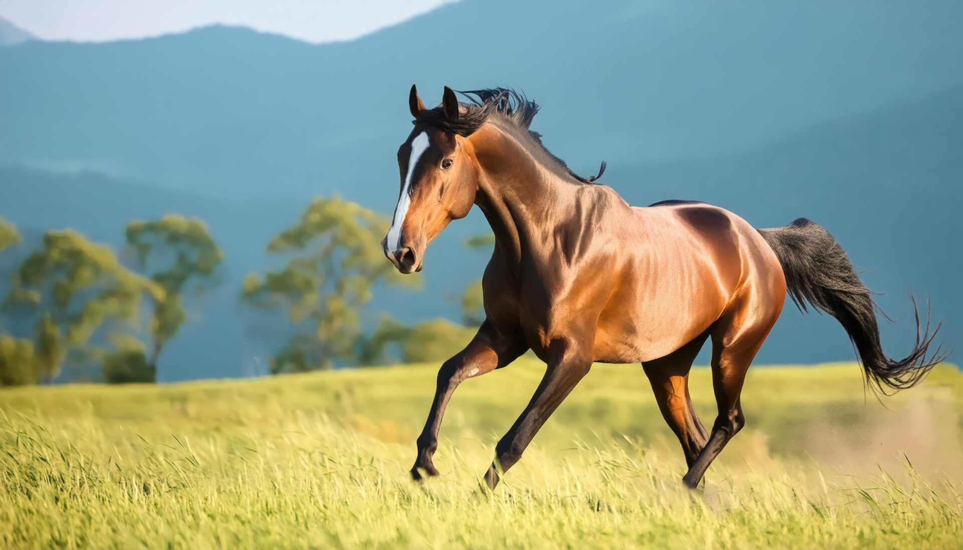 緑の草原を駆ける馬