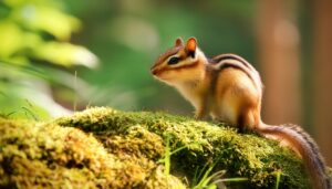 森の中を見つめるシマリス