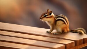 木のベンチに座るシマリス