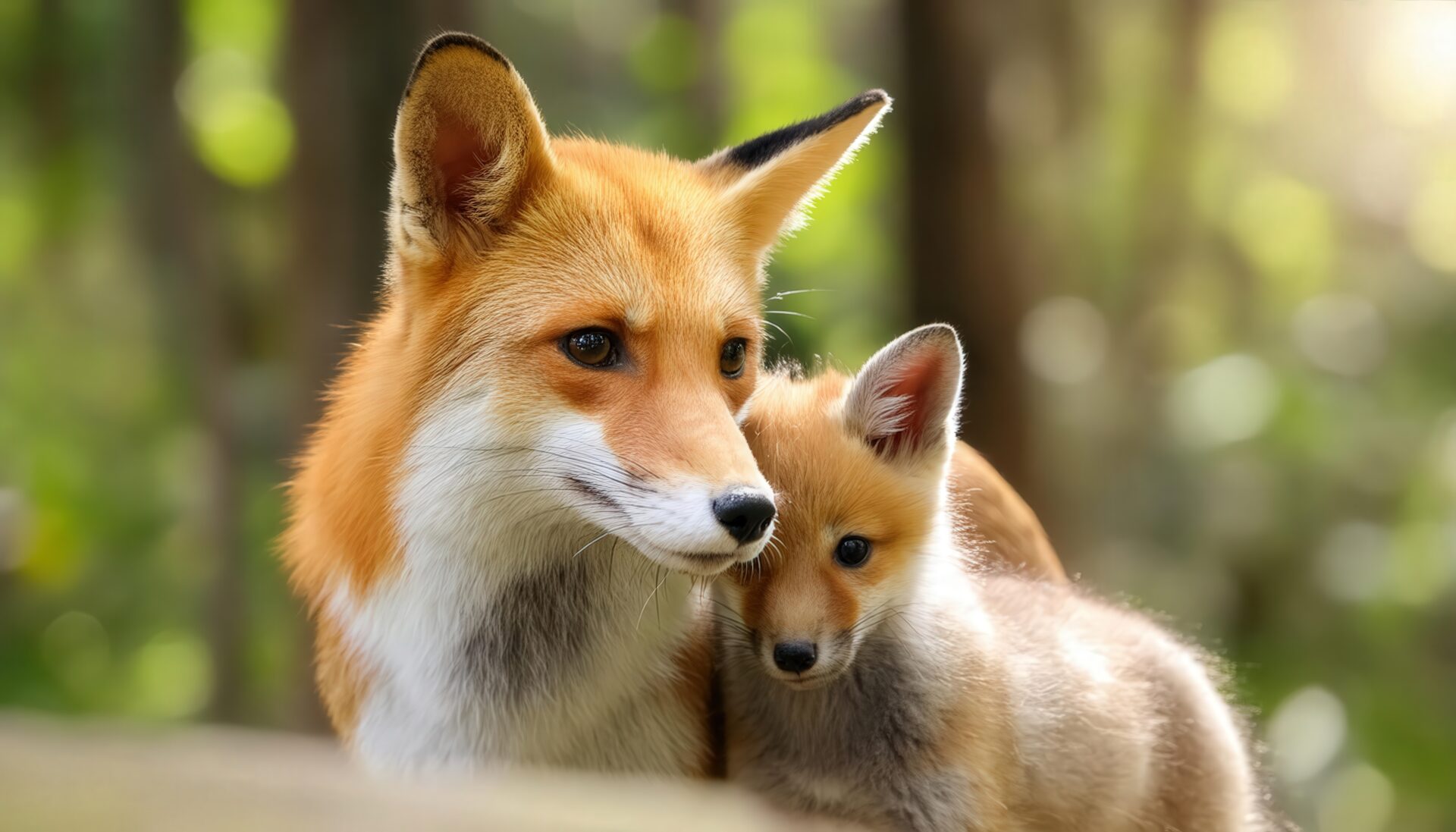 森林にいるキツネの親子