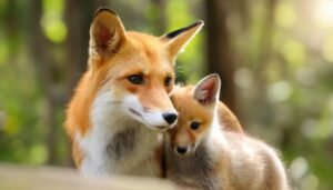 森林にいるキツネの親子