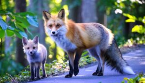 森林にいるキツネの親子