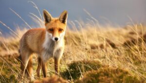 霧の中に佇むキツネ