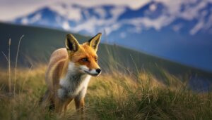 夕日に照らされるキツネ