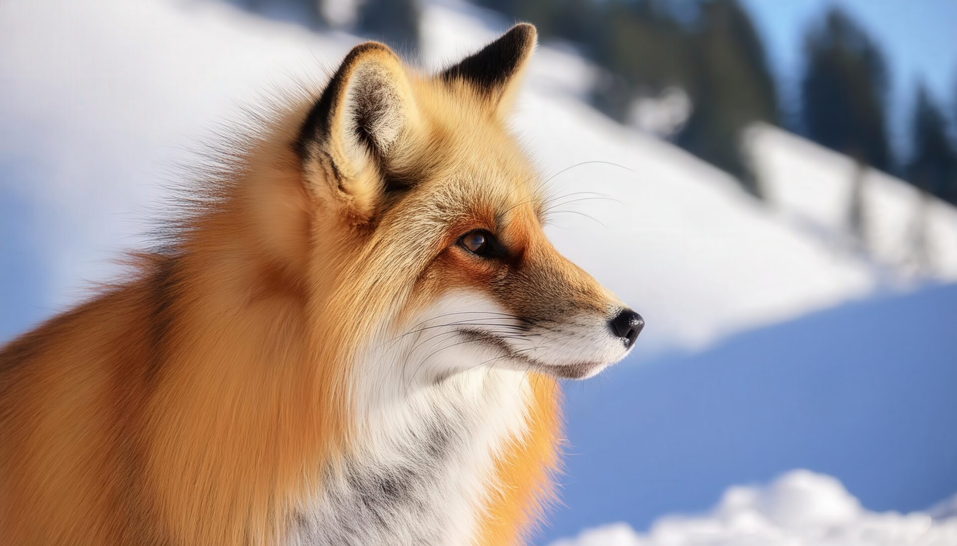 雪の中を見つめるキツネ