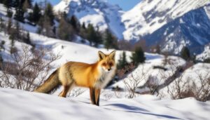 山岳の雪原に佇むキツネ