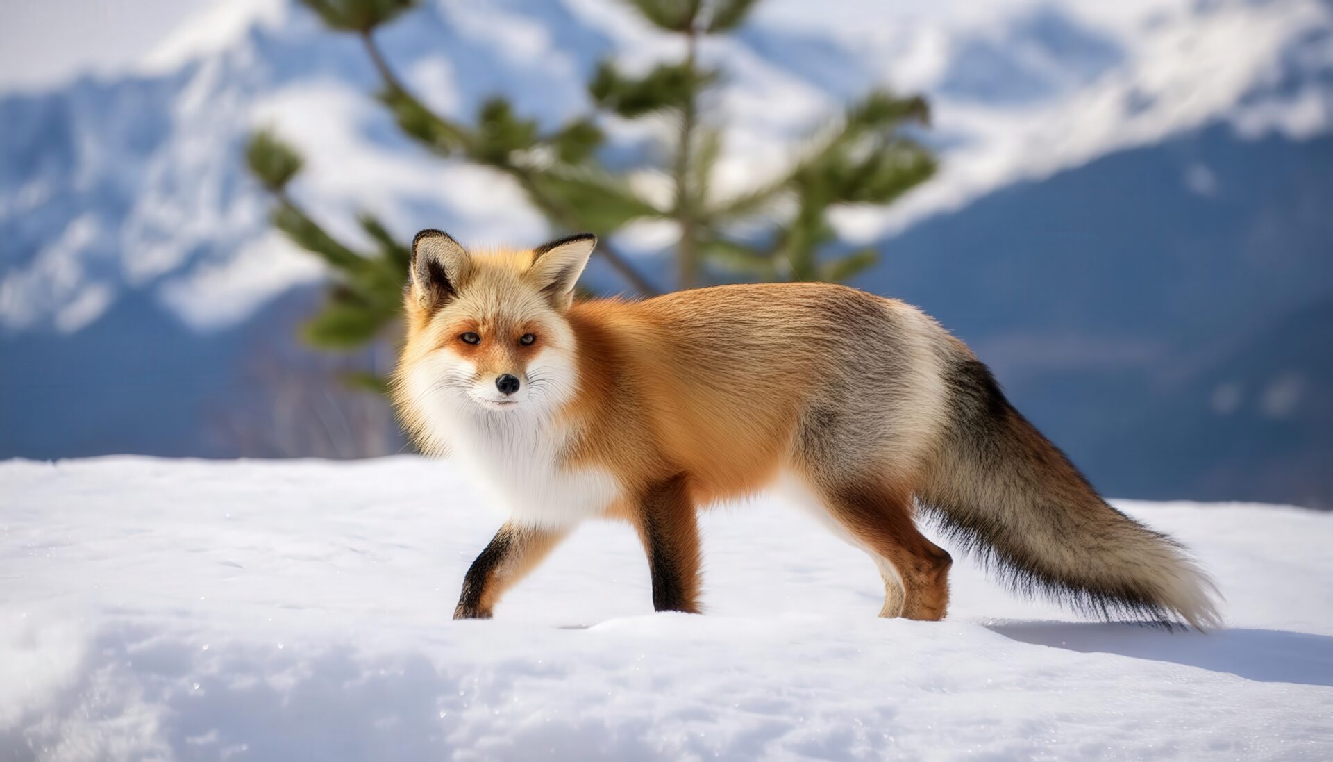 雪の中を歩くキツネ