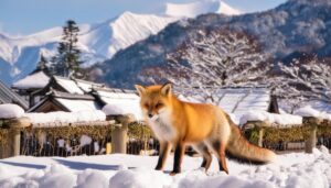 雪の町並みに現れたキツネ