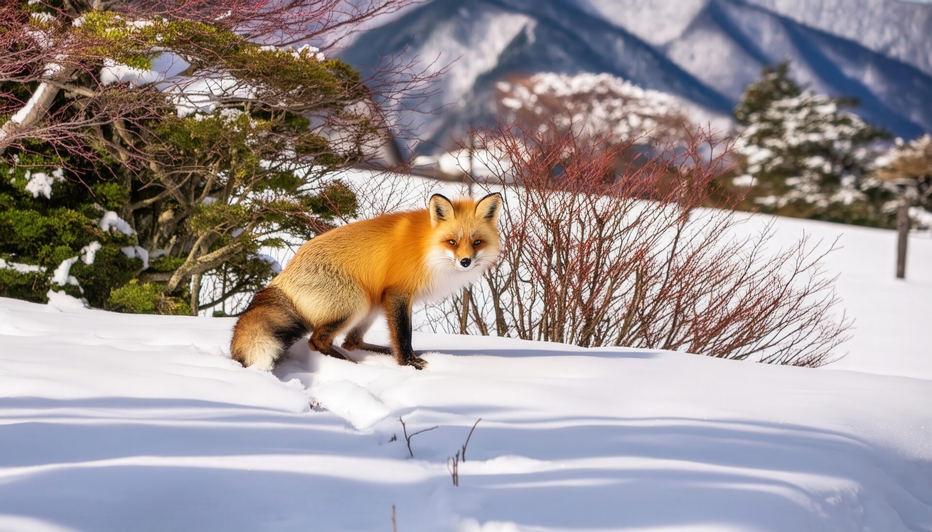 雪の中のキツネと木々