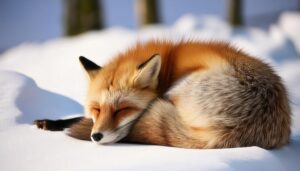 秋の終わりの雪とキツネ