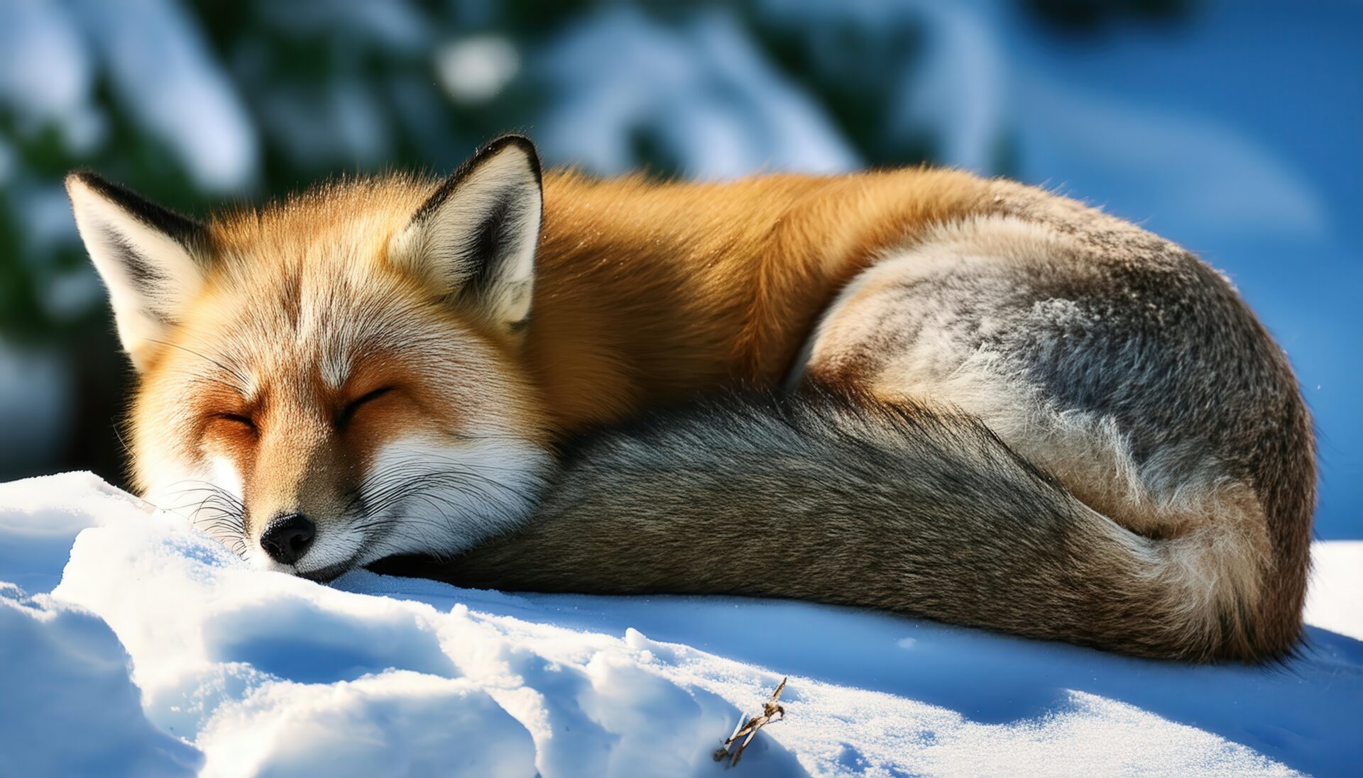 雪の中で眠るキツネ