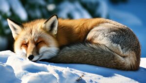 雪の中で眠るキツネ