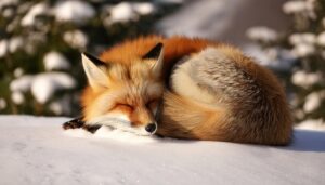 降雪の中で眠るキツネ