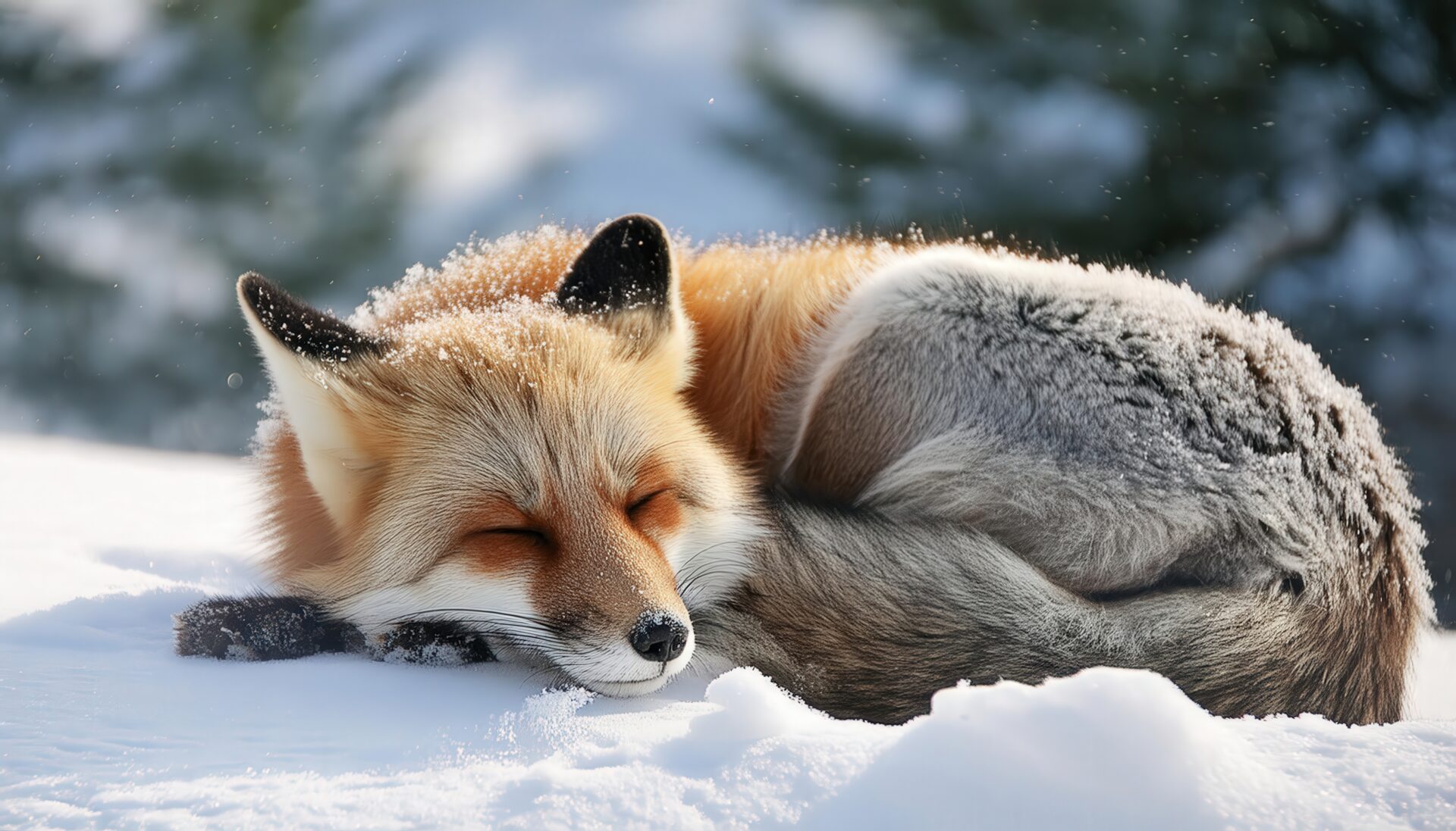 雪景色で眠るキツネ