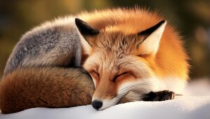 雪で丸まって眠るキツネ