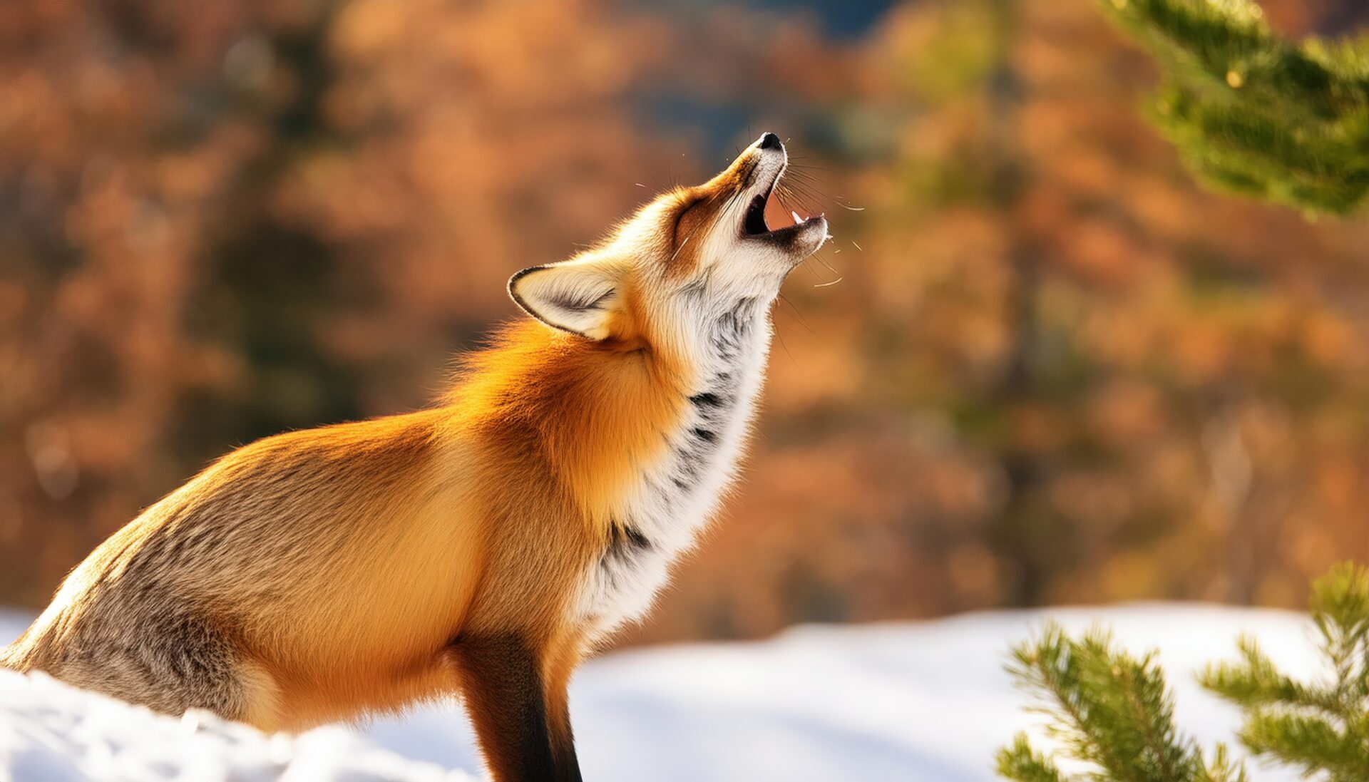 木の間で遠吠えするキツネ