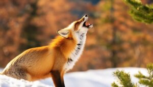 木の間で遠吠えするキツネ