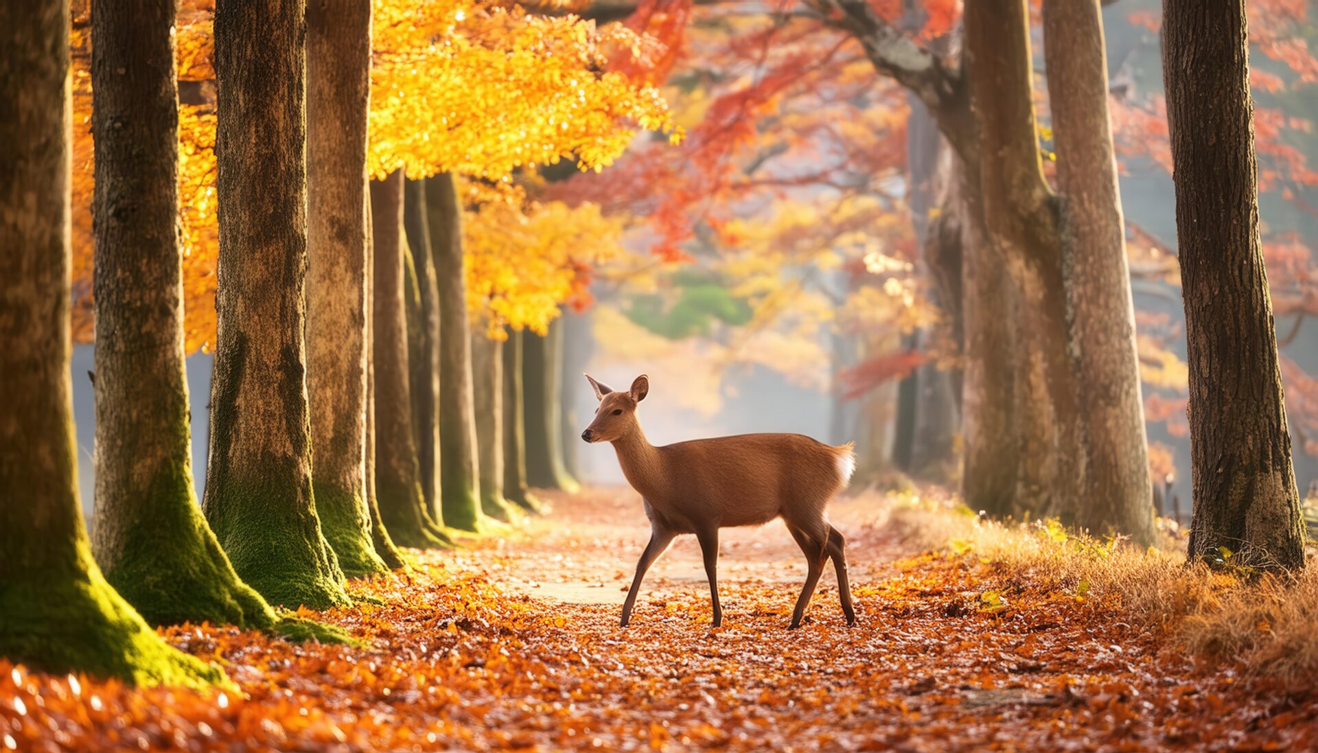 紅葉の並木道を歩く鹿