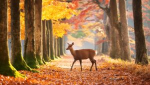 紅葉の並木道を歩く鹿