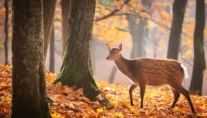 紅葉の道を行く鹿
