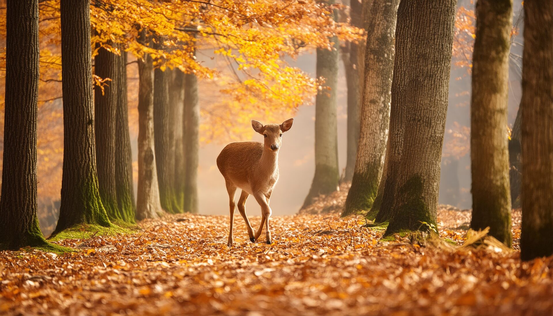 落ち葉の上を歩くメス鹿