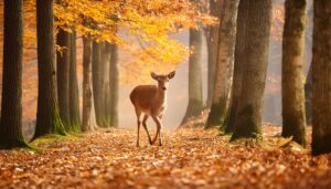 落ち葉の上を歩くメス鹿