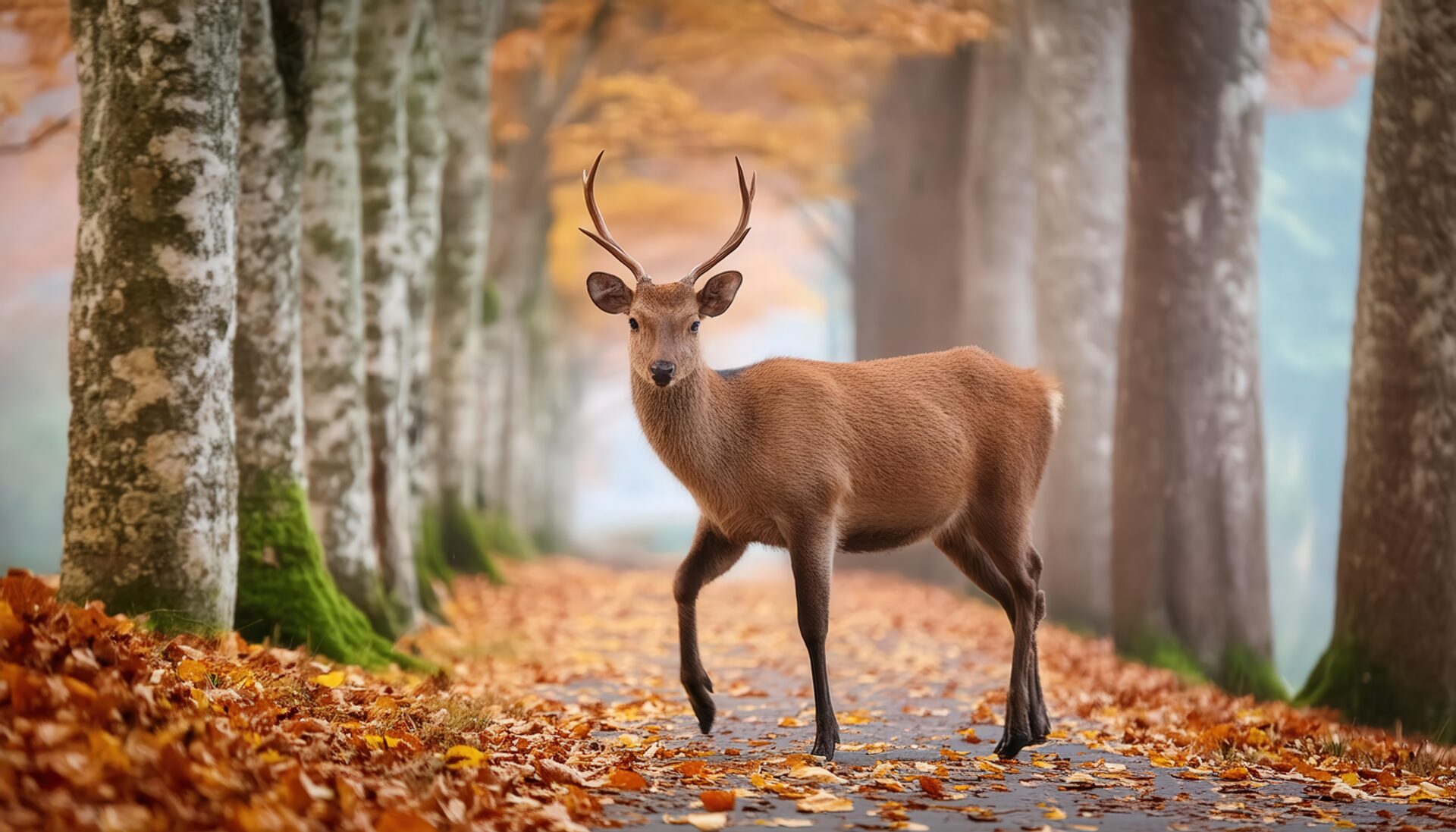 紅葉の中のオス鹿