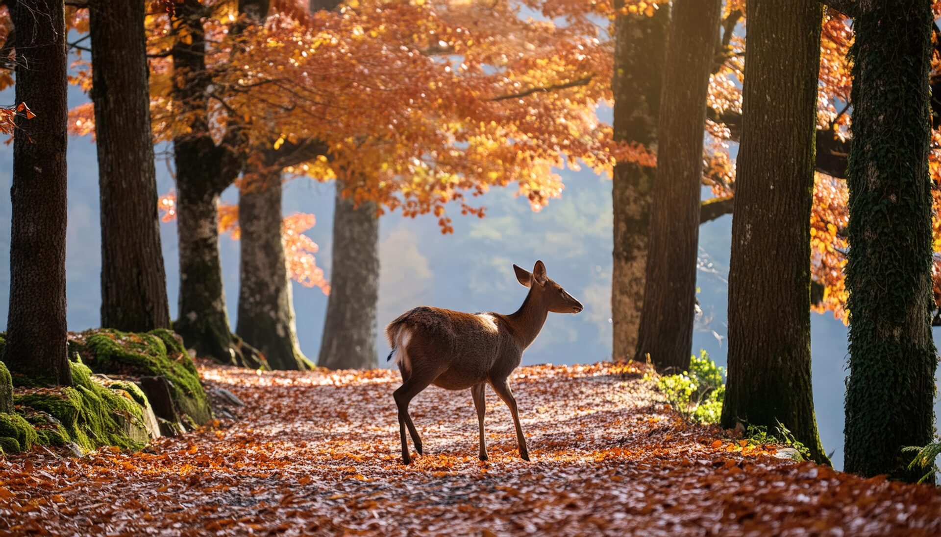 秋の紅葉の中を歩く鹿