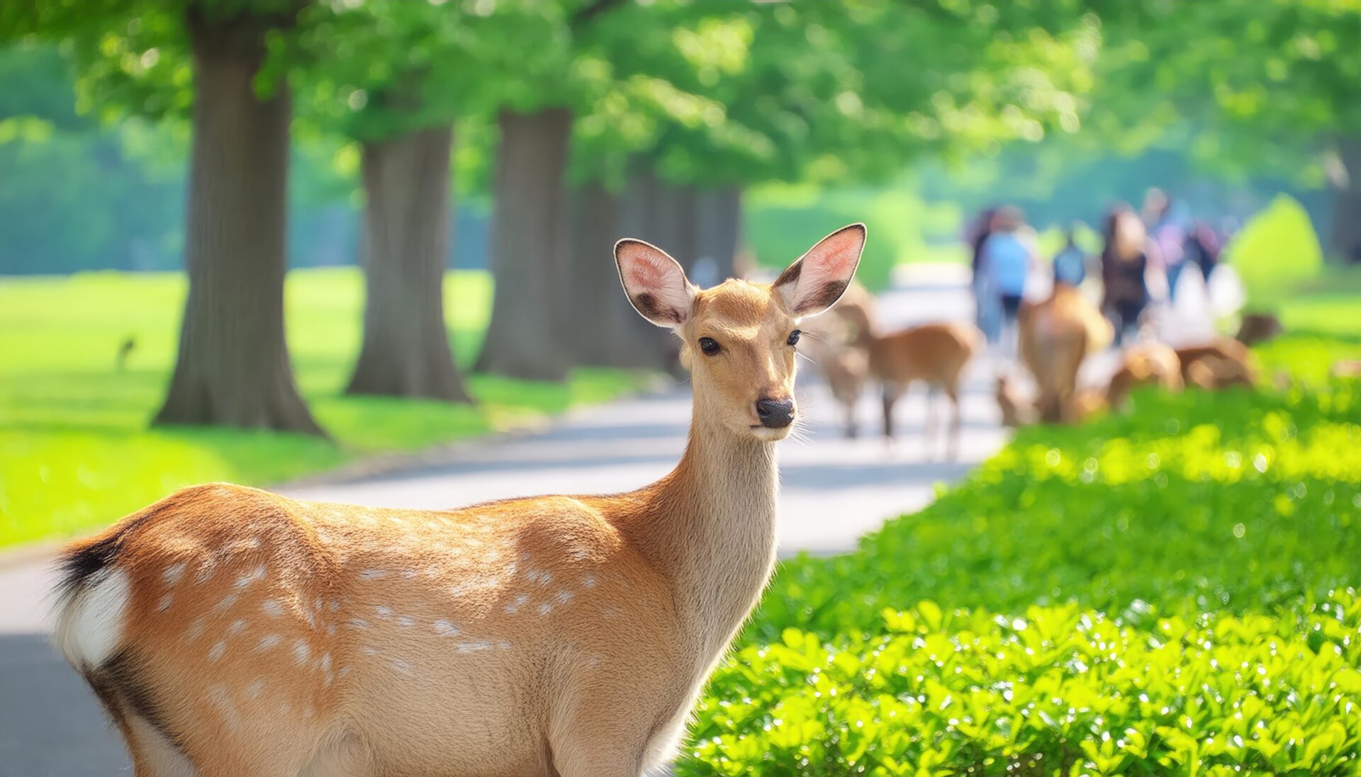 緑の並木道にたたずむ鹿