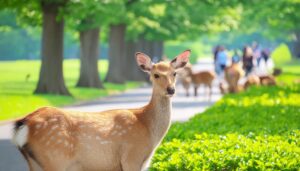 緑の並木道にたたずむ鹿