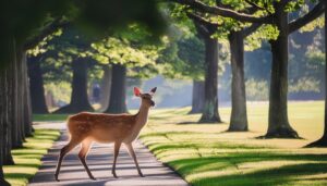 並木道を横切る鹿