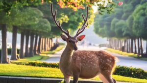 ツノのある鹿と街路樹