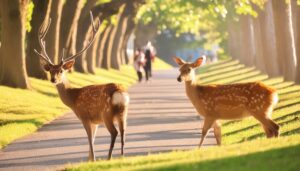 2頭の鹿が見つめる並木道