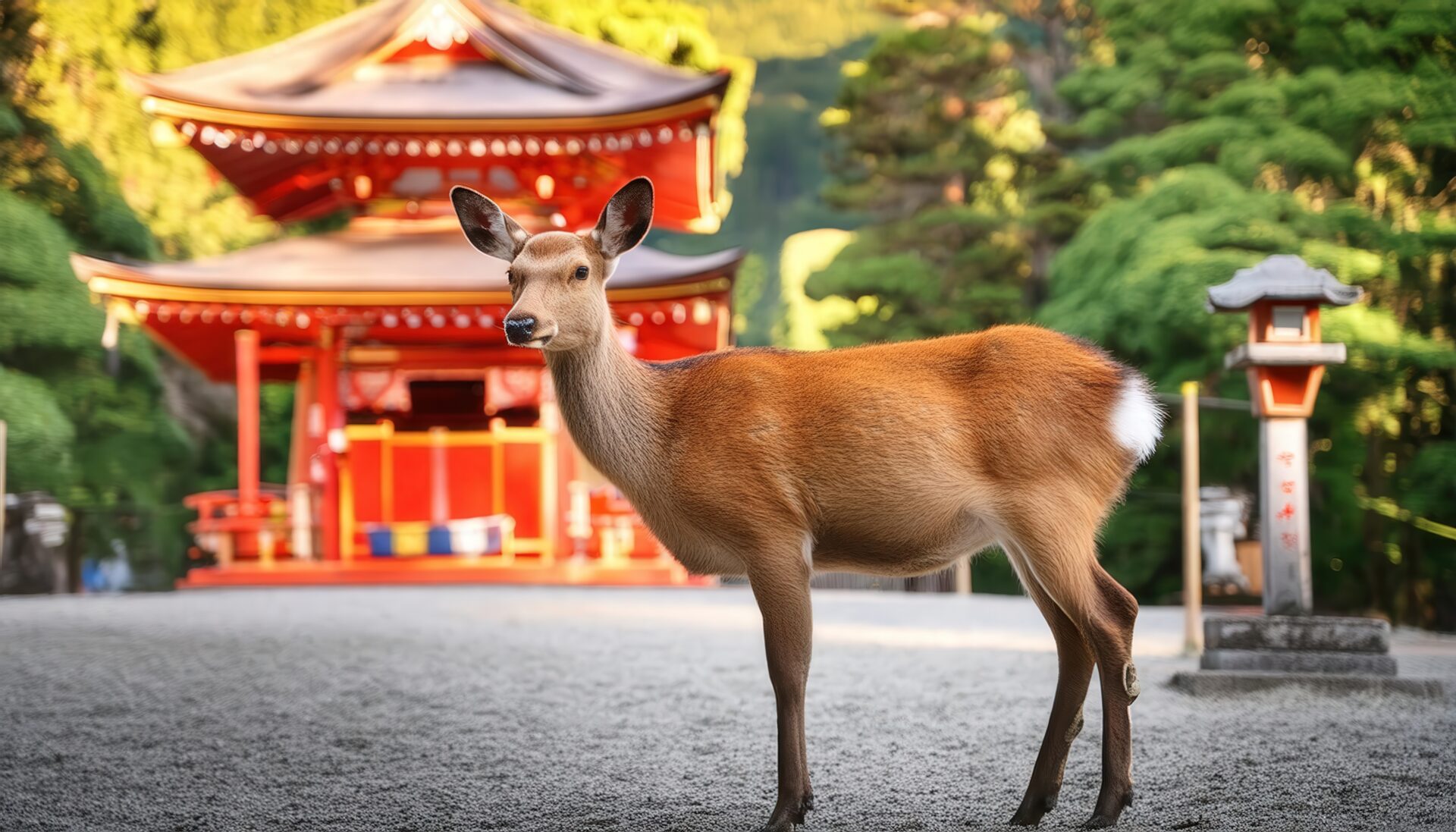 神社前に立つ鹿