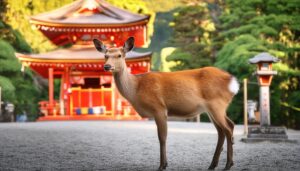 神社前に立つ鹿