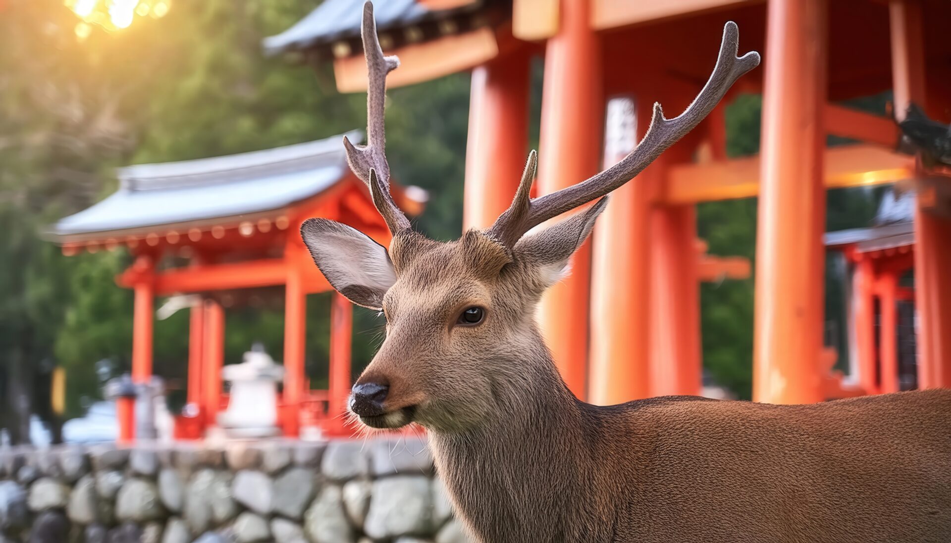 朱塗りの社殿と鹿